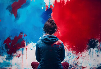Person mediating on red and blue abstract background painting. Generative AI - obrazy, fototapety, plakaty