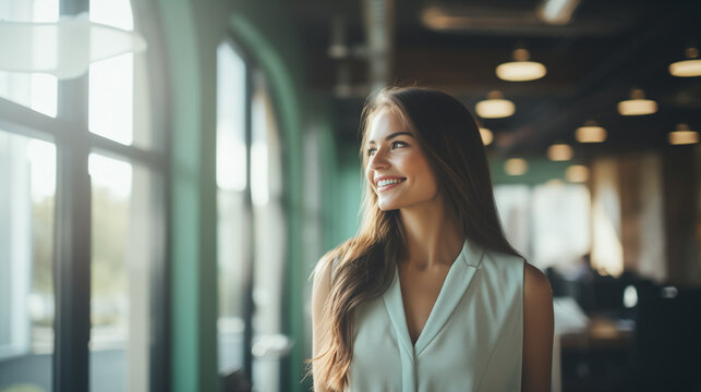 Bella donna con capelli lunghi in un moderno ufficio con abito elegante
