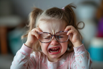 A child refusing to wear her glasses. She is crying and taking off her glasses, expressing her discomfort and dislike for them. --ar 3:2 --v 6 Job ID: 917fd81e-8f0f-4bff-94e9-b7d2427ad8ec - obrazy, fototapety, plakaty
