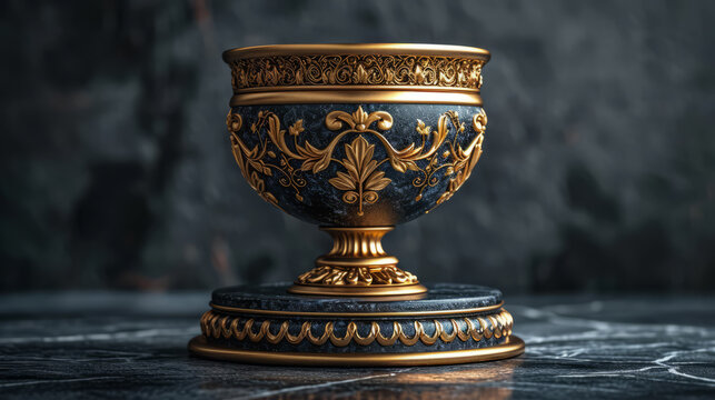Antique blue and gold bowl on stone podium.