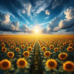 Obraz premium Vibrant Sunflower Blooming in a Vast Field Under a Clear Blue Sky