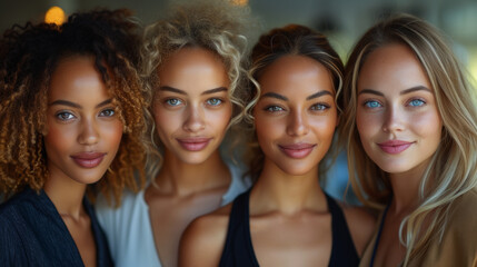 Fototapeta premium Four women with different skin types. Diverse group of females standing together and looking at camera.