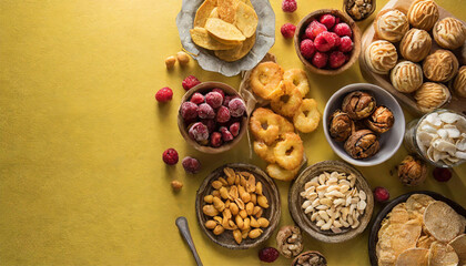 top view of various snacking on yellow background with empty space