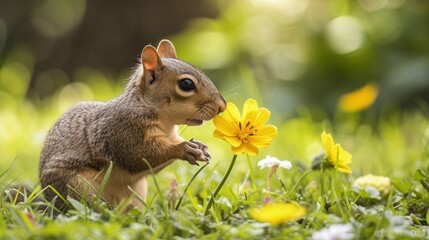 Naklejka na ściany i meble a small squirrel standing on its hind legs in a field of grass with a flower in it's mouth.