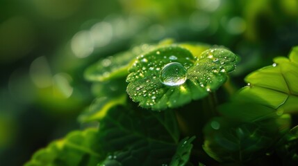 a close up of a green plant with water droplets on it's leaves and leaves in the foreground.