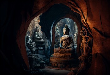 mystical religious cave with buddha statue in buddhist old temple, created with generative ai