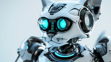 Sleek robotic cat with illuminated turquoise eyes and intricate mechanical details against a stark white background
