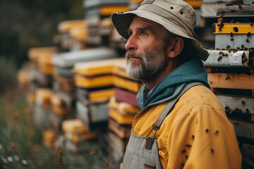 Fototapeta na wymiar A beekeeper against the background of beehives on a apiary. Beekeeping, wildlife and ecology concept. Close-up man portrait, spring and summer background with copy space.