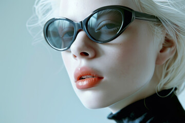 Close-up of a woman with albinism showcasing her unique beauty, featuring striking contrast with dark sunglasses against her pale skin and white hair