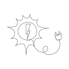 Sun with plug in continuous one line art style. Solar energy concept. Simple vector illustration