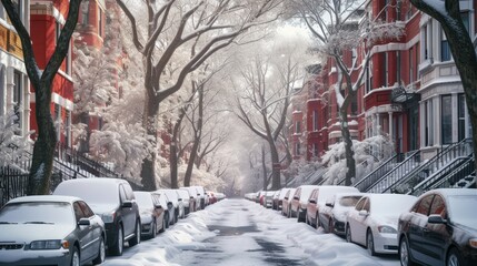 a row of parked cars covered in snow next to a row of parked cars on the side of a snow covered street.