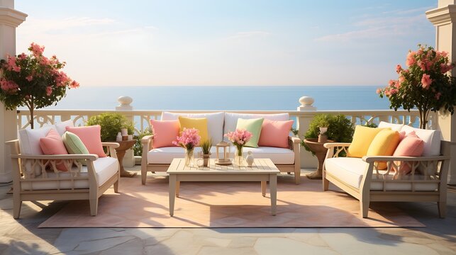 Imagine a beautifully composed photo of an outdoor sofa set against a picturesque background, Easter embellishments adding a festive touch. The realism is striking, evoking a serene ambiance.
