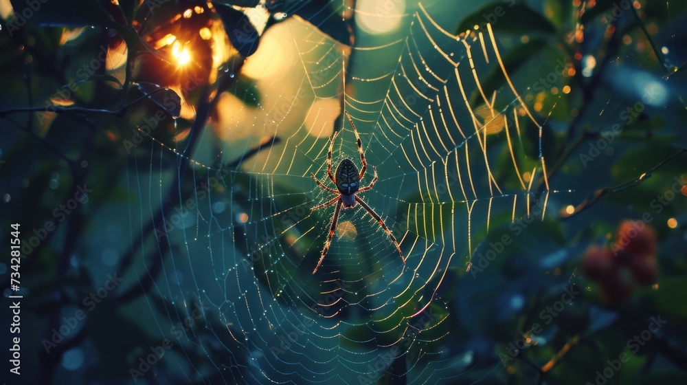 Wall mural a close up of a spider on a web in a tree with the sun shining through the leaves behind it.