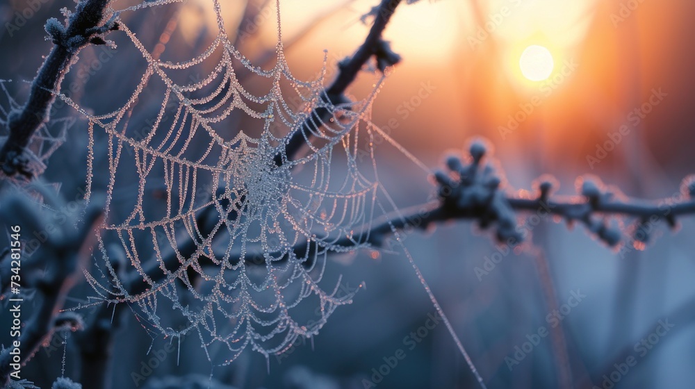 Wall mural a close up of a spider web on a tree branch with the sun in the background and snow on the branches.