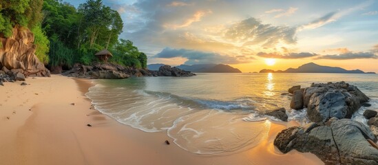 Beautiful tropical beach landscape. AI generated image - obrazy, fototapety, plakaty