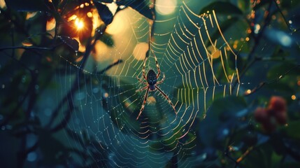 a close up of a spider on a web in a tree with the sun shining through the leaves behind it.