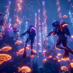 Underwater Adventure: Scuba Divers Amongst Luminous Coral and Fish