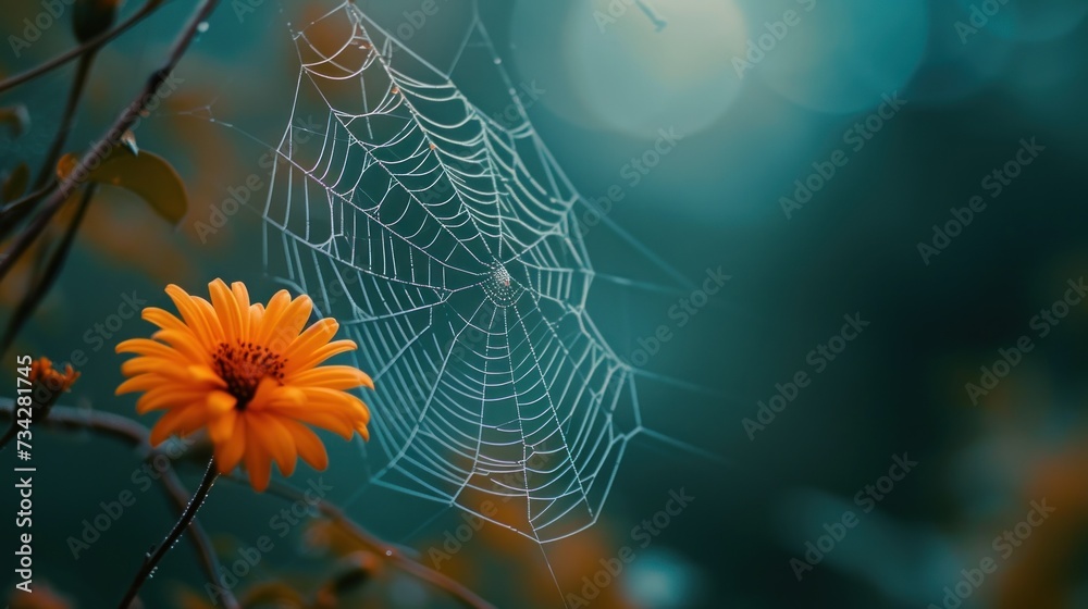 Wall mural a close up of a spider web with a flower in the foreground and a blurry image of a spider web in the