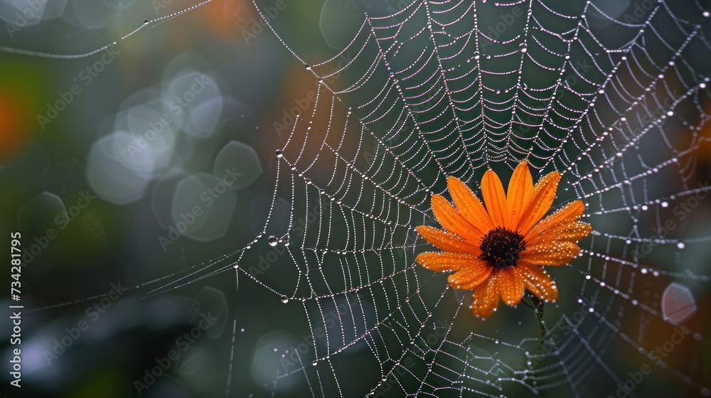 Canvas Prints a close up of a spider web with a orange flower in the center of the web, with drops of dew on the w