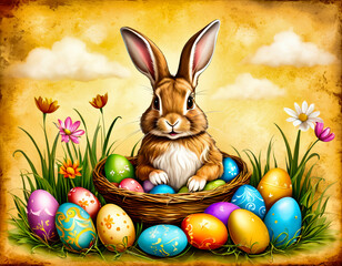 A classic and iconic representation of Easter. The Easter rabbit, the wicker basket and the Easter eggs are all elements that evoke the joy and festivity of this holiday