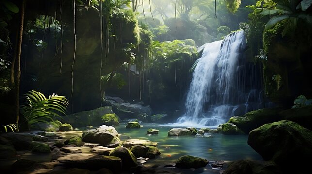 Imagine a hidden waterfall flowing gracefully through a dense, vibrant jungle, with sunlight filtering through the lush foliage and reflecting off the cascading water.