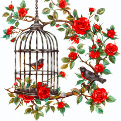 Painting of birds inside and outside the cage with flowers