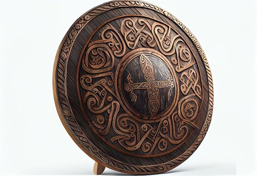 Wooden medieval round shield, viking shield painted, isolated on white background, 3d rendering. Generative AI