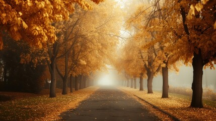 a tree lined road in the middle of a park with yellow leaves on the trees and fog in the air.