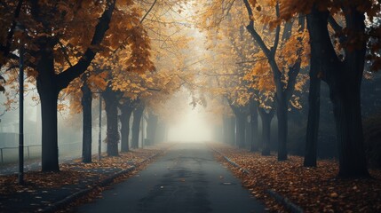 a foggy street lined with trees with yellow leaves on the leaves on the trees and the road is lined with yellow leaves on the trees.