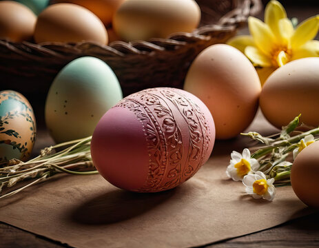 The image expresses a festive and welcoming atmosphere, typical of the celebration of Easter with a finely decorated egg in the foreground