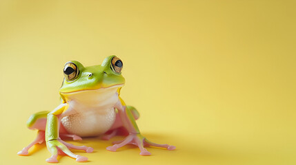 Green exotic frog on a yellow background with copy space. February 29th leap year day concept