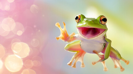 Green exotic frog jumping on a pastel gradient background with copy space. February 29th leap year day concept - obrazy, fototapety, plakaty