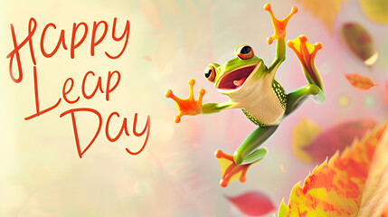 Happy green frog jumping on a pastel background with the text "Happy Leap Day". February 29th leap year day concept