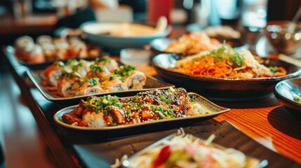 a close up of plates of food on a table with other plates of food on the side of the table. - obrazy, fototapety, plakaty