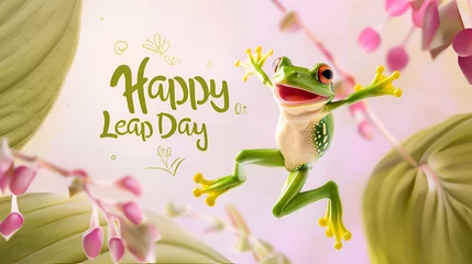 Fototapeten A joyful Green frog is jumping on a pastel background with the text "Happy Leap Day". February 29th leap year day concept © Tetiana