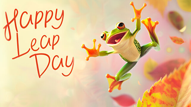 Happy green frog jumping on a pastel background with the text "Happy Leap Day". February 29th leap year day concept