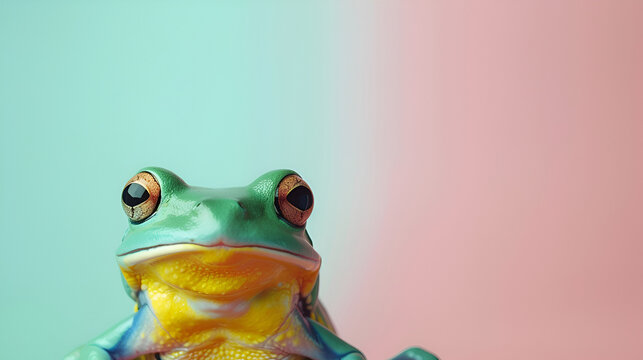 portrait of Green exotic frog on pastel blue and pink gradient background with copy space. February 29th leap year day concept