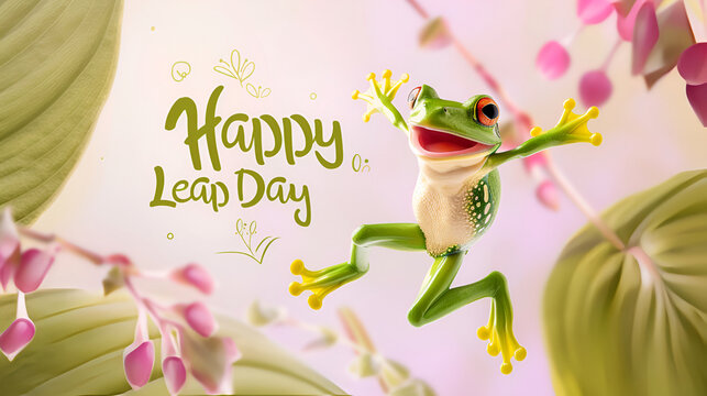 A joyful Green frog is jumping on a pastel background with the text "Happy Leap Day". February 29th leap year day concept