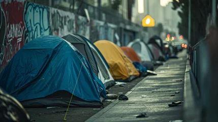 Fotobehang Homeless tent camp on a city street generative ai © Francheska