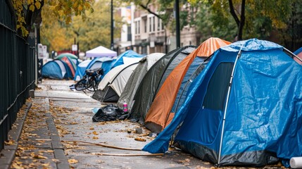 Homeless tent camp on a city street generative ai - obrazy, fototapety, plakaty