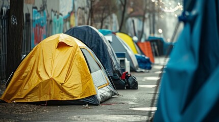 Homeless tent camp on a city street generative ai