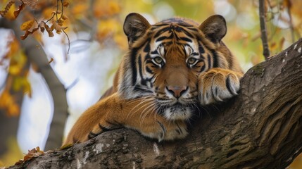 Obraz premium a close up of a tiger sitting on a tree branch with its paw on a tree branch with leaves in the background.