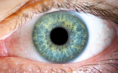 High magnification of Male Blue-Green Colored Eye With Lashes. Pupil Opened. Close Up. Structural...