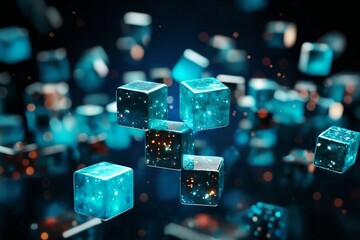 abstract background of black cubes with golden bubbles and dots on them, in the style of 3D rendering computer art - obrazy, fototapety, plakaty