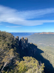 Three sisters rocks at the Blue mountains, Australia, NSW. Spectacular views from a mountain-top lookout. Unusual rock formation. Summit of the mountain