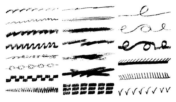 Charcoal strokes. Pencil strokes. Marker strokes. Brushes of different shapes on a white background. Vector brushes in grunge style. Vector horizontal lines in pencil. Vector lines coal, drawn by hand