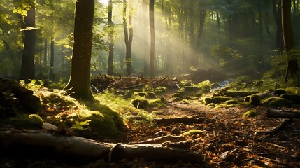Picture a breathtaking view of a forest floor covered in fallen branches and twigs, offering a diverse array of natural wood textures under the soft glow of dappled sunlight.