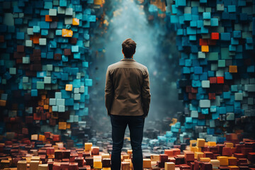 a man stands in a very large room with many blue and golden block shapes on the floor and walls, in the style of 3D rendering