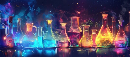 Colorful liquid on scientific glassware for chemical experiment research laboratory background. - obrazy, fototapety, plakaty