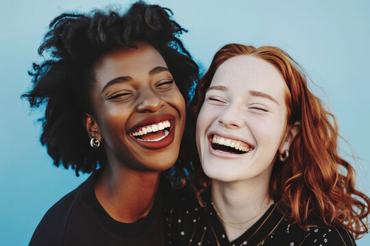 Pareja interracial de mujeres jovenes y bellas posando juntas y sonrientes sobre fondo azul - Powered by Adobe